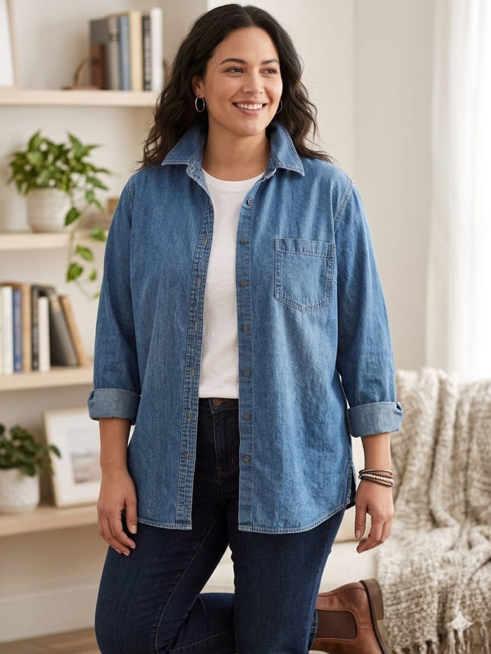 Classic Blue Denim Shirt - Women's Casual Button-Up